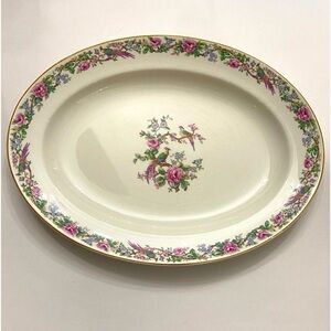 Vtg Large Oval Serving Platter in White with Pheasants and Cabbage Roses